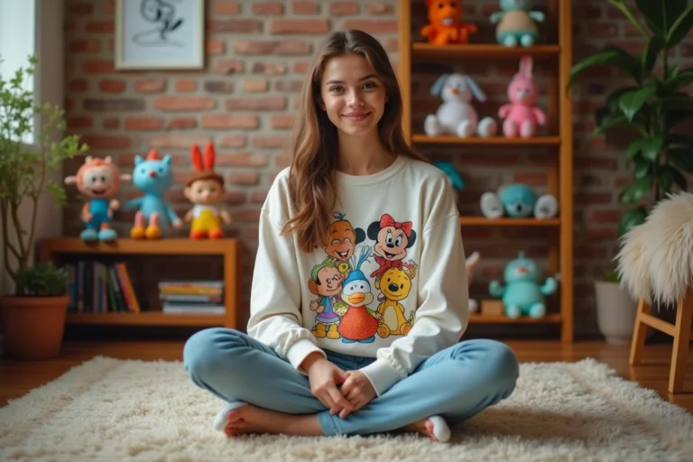 Jeune femme entourée de peluches et objets de collection de personnages de dessins animés commençant par la lettre O