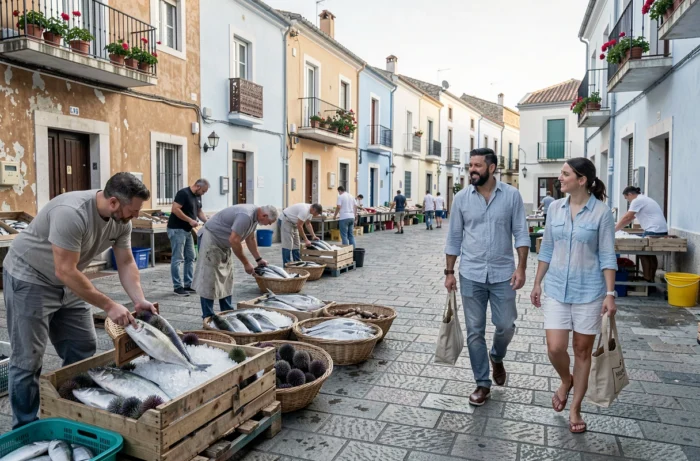 Vue grand angle de la place du marché de Porto Torres au petit matin avec étals de poissons frais et touristes