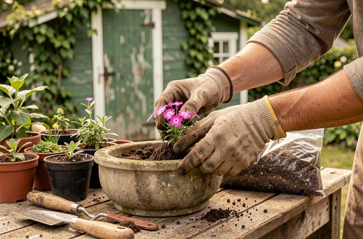 Mains gantées plantant un œillet dans une auge en pierre sur un établi de jardinage extérieur