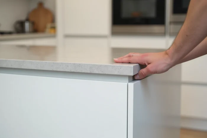 Pose d'une plinthe de plan de travail sur mesure pour recouvrir l'espace entre le comptoir et le mur de la cuisine