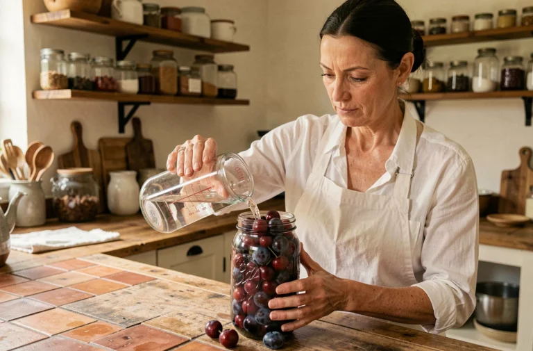 Femme versant de l'alcool à 90° dans un bocal de fruits pour préparer des conserves maison dans une cuisine rustique