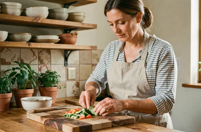 Femme préparant des légumes frais sur une planche en bois dans une cuisine familiale chaleureuse