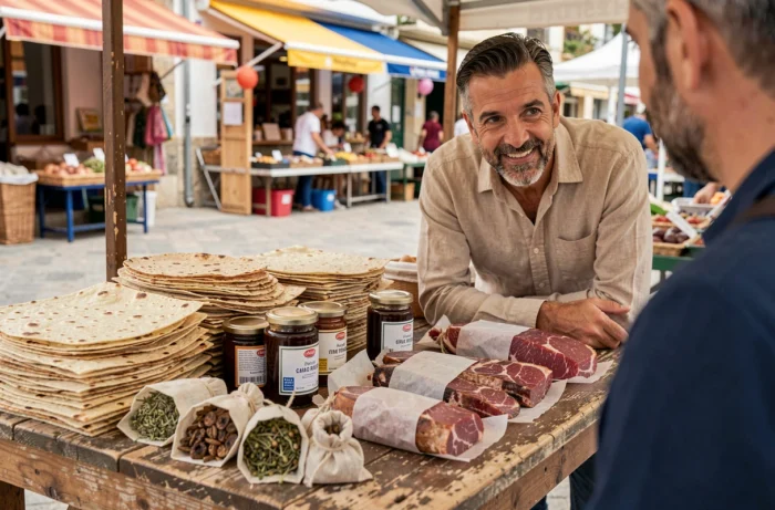 Étal de produits traditionnels sardes au marché de Porto Torres avec pane carasau et charcuterie locale