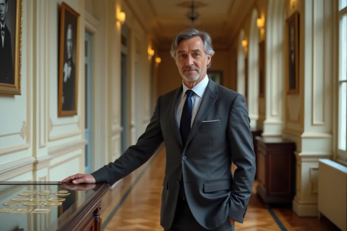 Professeur d'un Institut d'études politiques français dans un couloir administratif historique illustrant le prestige des IEP en 2025