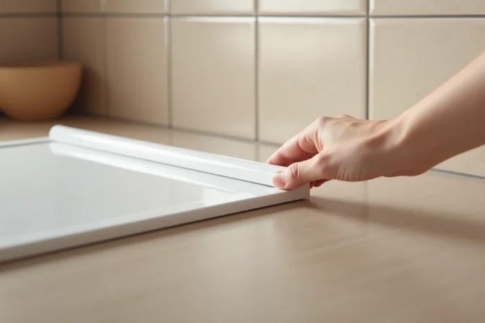 Mise en place d'un profilé de jonction en PVC clipsable le long de l'espace entre le plan de travail et le mur carrelé