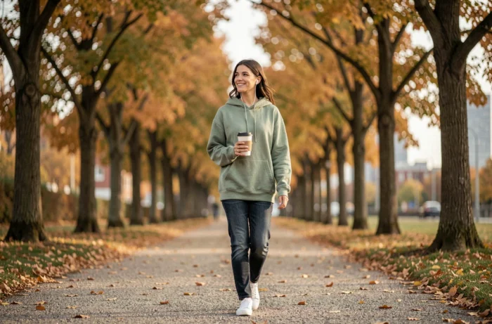 Femme se promenant dans un parc urbain en automne pour un moment de bien-être et de pleine conscience