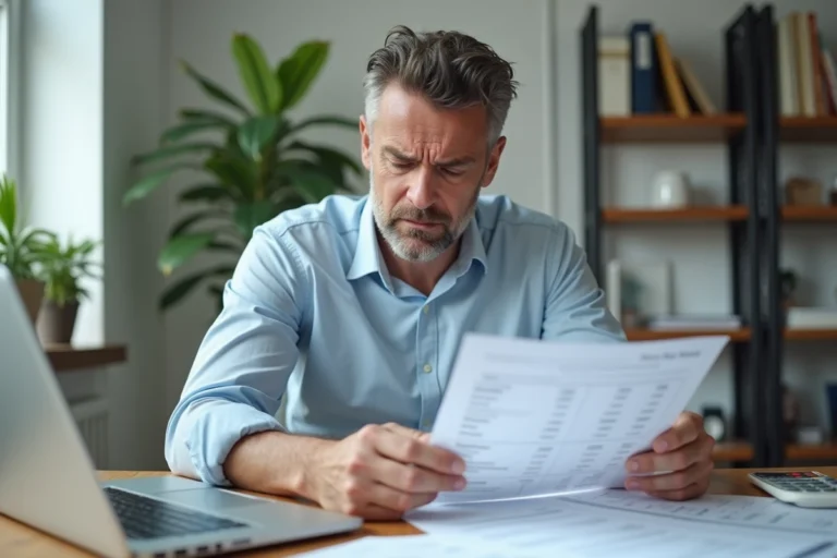 Propriétaire bailleur en location meublée LMNP analysant ses revenus locatifs sur des documents financiers à son bureau