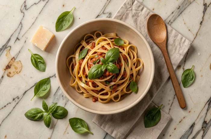 Plat de pâtes maison dans un bol en céramique avec basilic frais et parmesan sur marbre