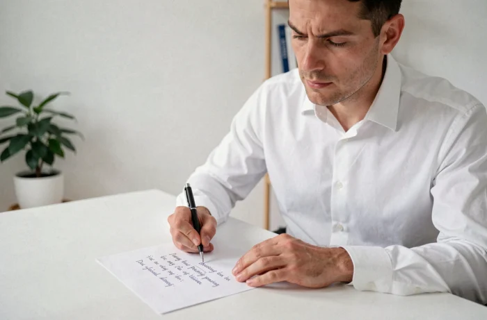 Entrepreneur writing a brand platform on a single sheet, sitting at a clean desk in a home office