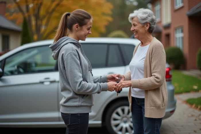 Remise de clés de voiture lors d'une donation de véhicule entre particuliers devant une maison