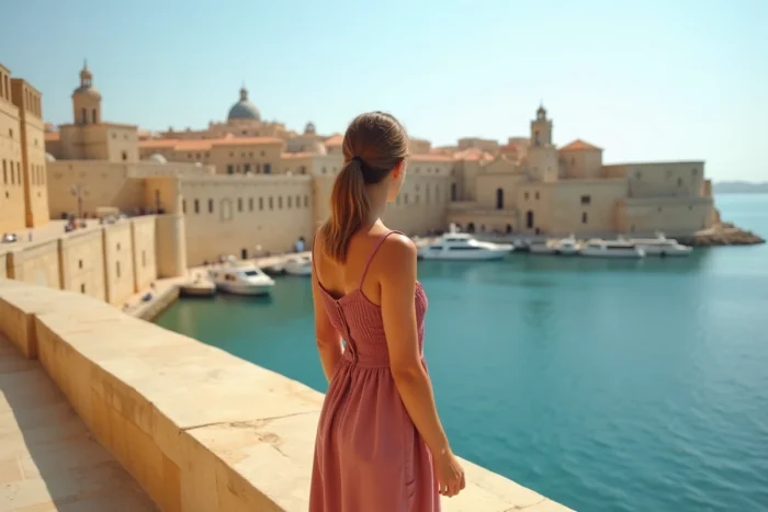 Femme sur les remparts de La Valette avec vue sur le Grand Port de Malte et ses eaux turquoise