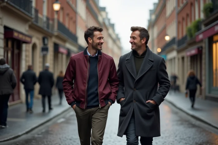 Deux hommes marchant et riant ensemble dans une rue pavée parisienne, symbolisant une rencontre gay réussie