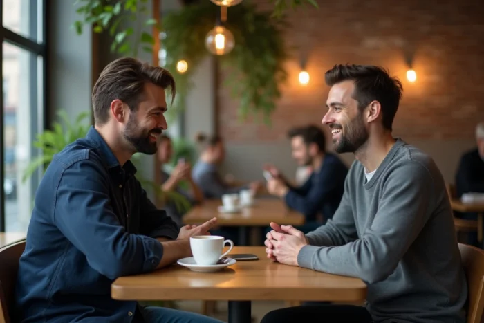 Deux hommes discutant autour d'un café dans un bar urbain moderne, illustrant les rencontres entre hommes