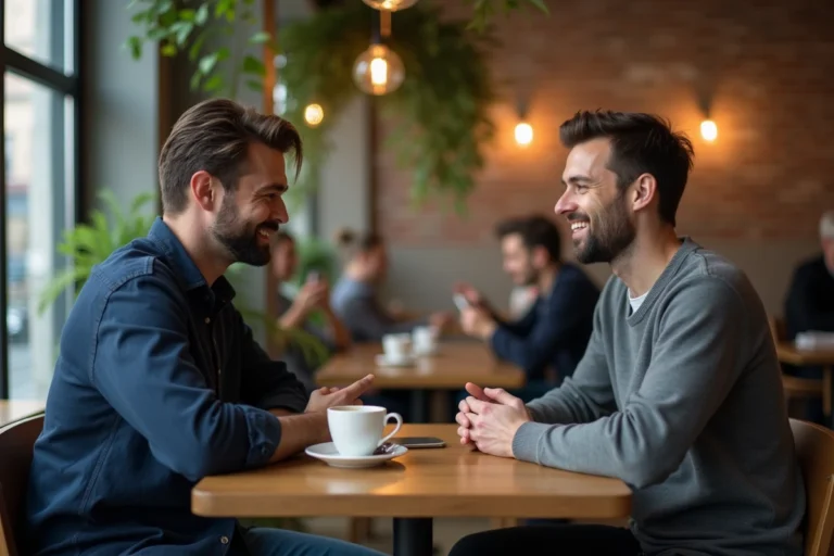 Deux hommes discutant autour d'un café dans un bar urbain moderne, illustrant les rencontres entre hommes