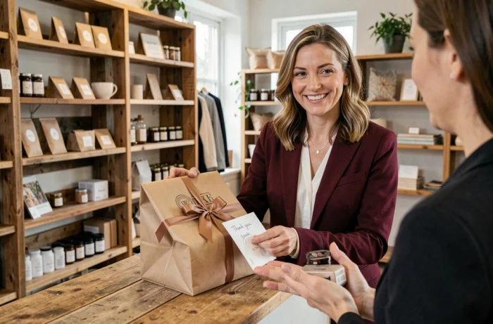 Shop owner handing a personalized packaged order with a handwritten card to a customer, illustrating a brand ritual