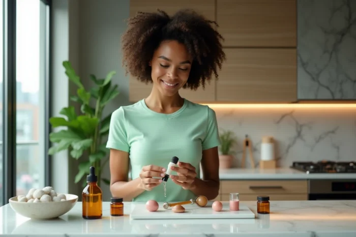 Femme préparant son rituel de soin avec des huiles et accessoires de beauté naturels sur un plan de travail en marbre