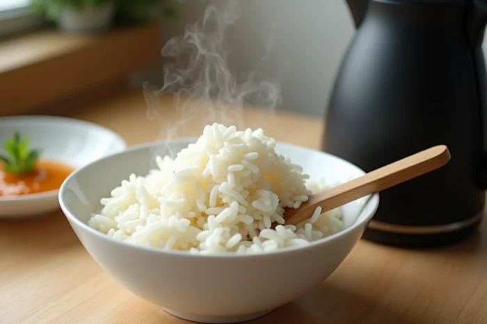 Gros plan de riz cuit à la vapeur dans un bol blanc à côté d'une bouilloire électrique noire