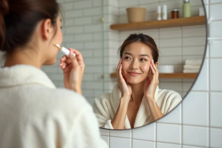 Femme appliquant un sérum sur son visage dans une salle de bain minimaliste lors de sa routine beauté matinale