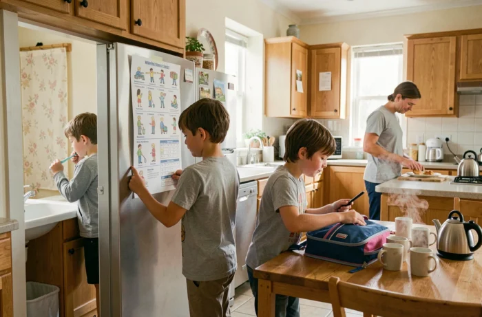 Deux enfants suivant une routine matinale affichée sur le réfrigérateur dans une cuisine familiale organisée et apaisante