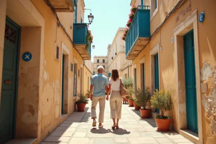 Couple découvrant les ruelles pittoresques de Victoria à Gozo avec ses balcons traditionnels bleus