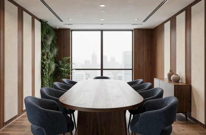 Salle de réunion d'entreprise haut de gamme avec table en noyer, fauteuils en bouclé ardoise et mur d'accent en lamelles de chêne fumé et panneaux acoustiques