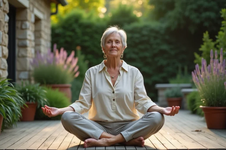 Femme senior pratiquant le yoga en plein air dans un jardin verdoyant, illustrant le bien-être après 60 ans