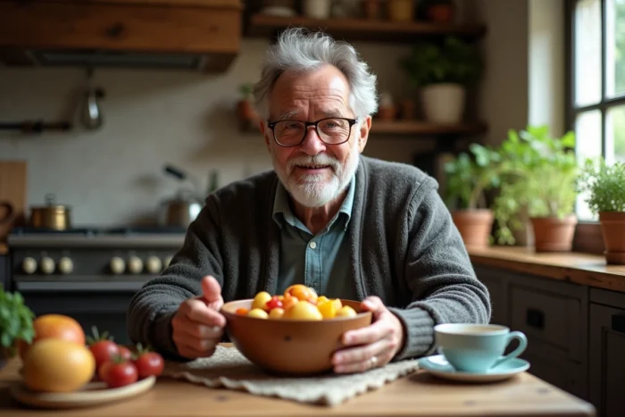 Homme senior savourant un repas sain à la cuisine, symbolisant une alimentation équilibrée pour les plus de 60 ans