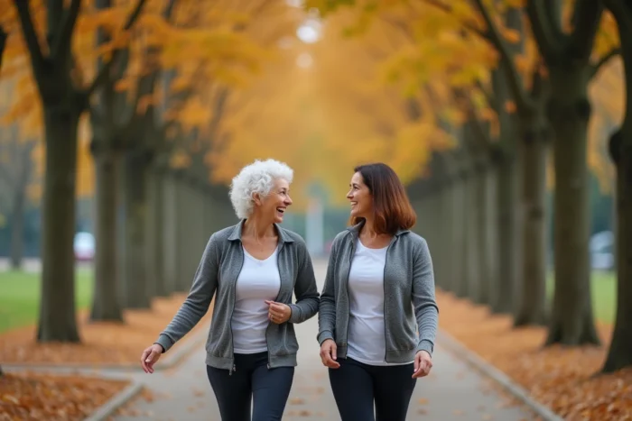 Deux femmes seniors marchant ensemble dans un parc en automne, incarnant la socialisation et l'activité physique après 60 ans