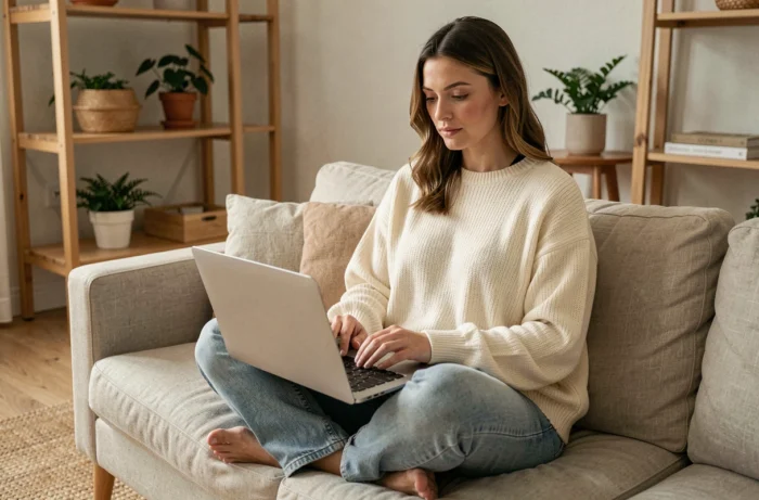 Femme parcourant un site de mode responsable sur son ordinateur portable depuis son salon minimaliste et chaleureux
