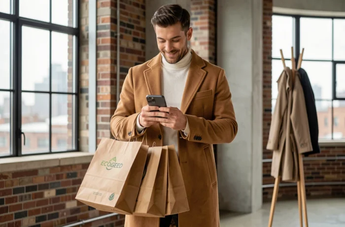 Homme tenant des sacs d'achats éco-responsables dans un appartement urbain moderne avec vue sur la ville