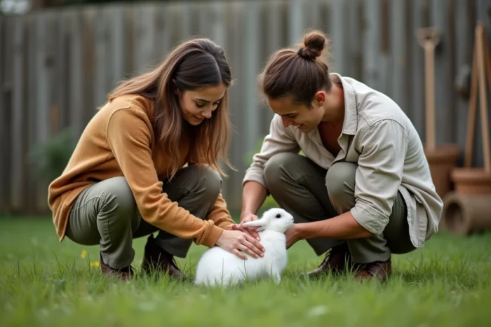 Couple prenant soin de leur lapin blanc dans un jardin verdoyant en extérieur