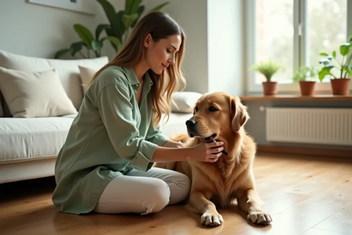 Jeune femme brossant son golden retriever dans un appartement moderne aux tons chauds