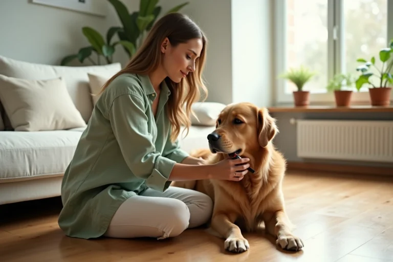 Jeune femme brossant son golden retriever dans un appartement moderne aux tons chauds