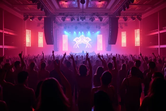 Salle de soirée privée avec DJ sur scène et foule de guests haut de gamme