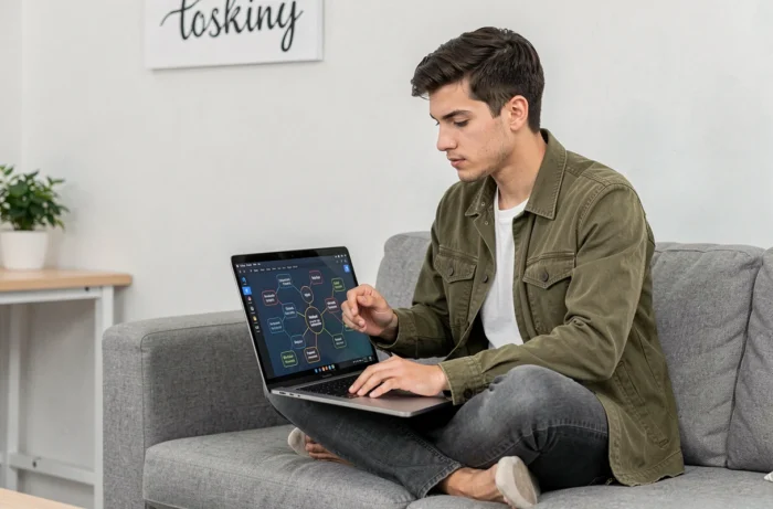Young entrepreneur developing a positioning strategy in a niche market on a laptop in a modern startup office