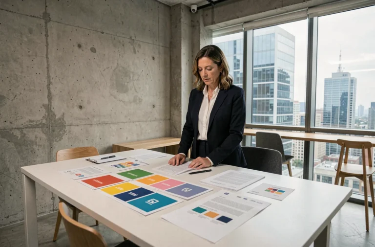 Cheffe d'entreprise analysant des matériaux de branding étalés sur une table dans un bureau moderne, illustrant la stratégie de marque pour les PME
