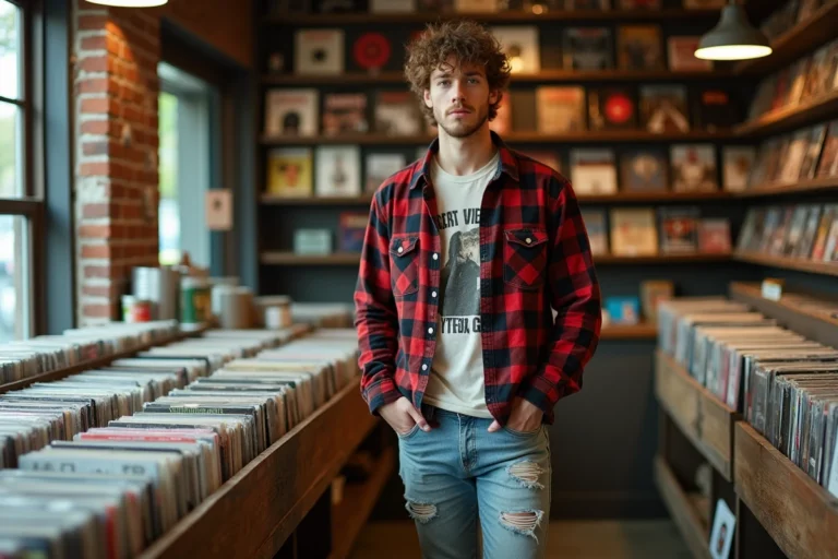 Jeune homme en chemise à carreaux flanelle style grunge années 90 inspiré de Kurt Cobain dans un magasin de disques vintage