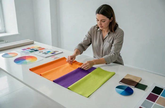 Styliste arrangeant des échantillons de tissu dans trois couleurs vives orange, violet et vert lime sur une table blanche dans un studio de design