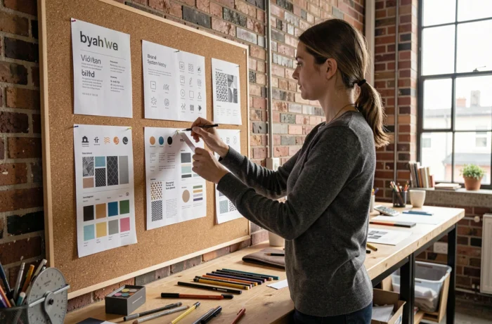 Designer pinning a complete visual system guide on a corkboard in a creative studio