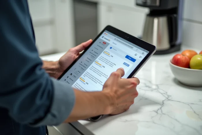 Mains tenant une tablette affichant un annuaire de téléchargement avec avis et catégories sur un comptoir en marbre