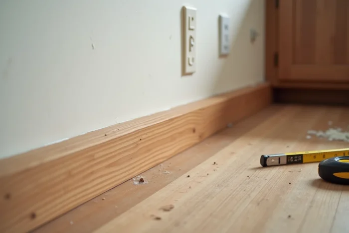 Tasseau en bois traité positionné comme base structurante pour combler l'espace entre le mur et le plan de travail