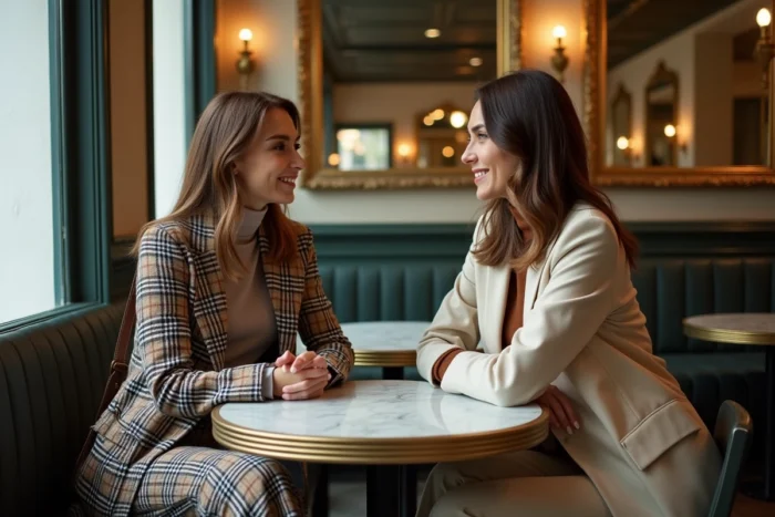 Deux femmes tendance en tenues mode saisonnières discutant dans une brasserie parisienne haussmannienne, looks mode automne-hiver