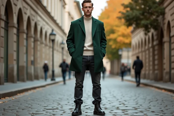 Homme stylé en blazer oversize vert forêt et jean droit posant dans une rue pavée européenne, tendances mode automnales