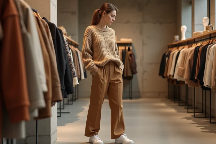 Jeune femme en pull chunky camel et pantalon large faisant du shopping dans une boutique parisienne minimaliste, tendances mode saison