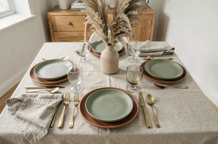 Table dressée avec vaisselle en grès terracotta et verre soufflé sur nappe en lin, style scandinave tendance 2024