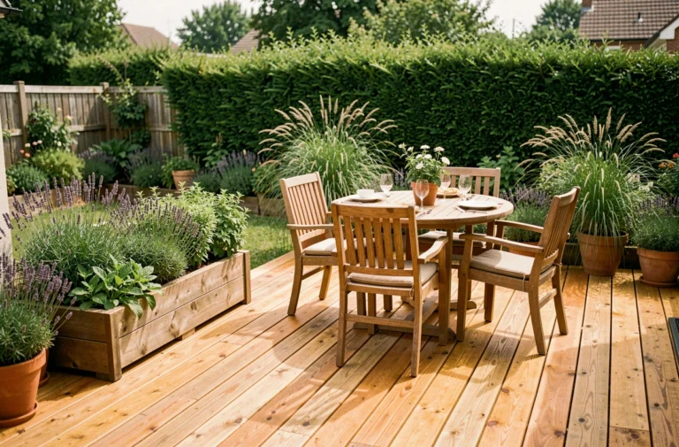 Terrasse en bois hardwood avec mobilier de jardin en teck et plantations d'herbes aromatiques dans un jardin résidentiel verdoyant
