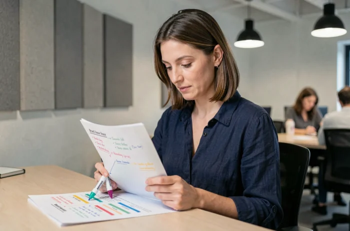 Content strategist annotating a brand tone of voice guide with colored markers in a coworking space