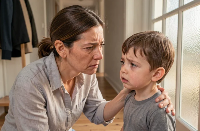 Mère se mettant à la hauteur de son enfant qui pleure, mimant son expression triste pour établir une connexion émotionnelle