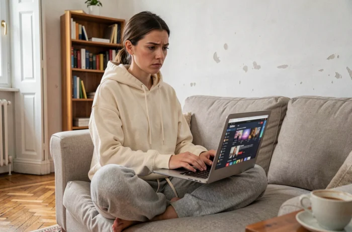 Jeune femme française naviguant sur un site de leak depuis son appartement, illustrant les questions de légalité et droits d'auteur