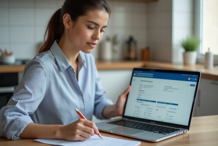 Jeune femme vérifiant les documents requis en ligne pour éviter les erreurs dans une demande d'acte de naissance